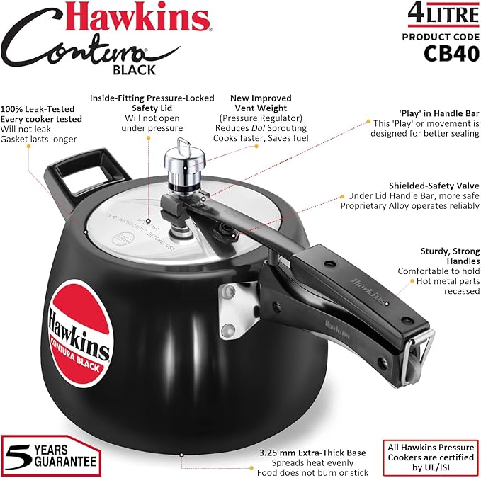 Hawkins 4 Litre Contura Black Pressure Cooker, Hard Anodised Inner Lid Cooker, Handi Cooker, Black (Cb40), 4 Liter