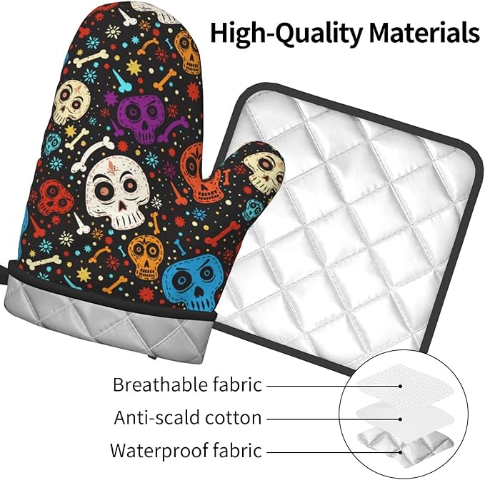 Skull and Floral Oven Mitts and Pot Holders Heat Resistant Oven Mitts Safe for Baking Cooking BBQ