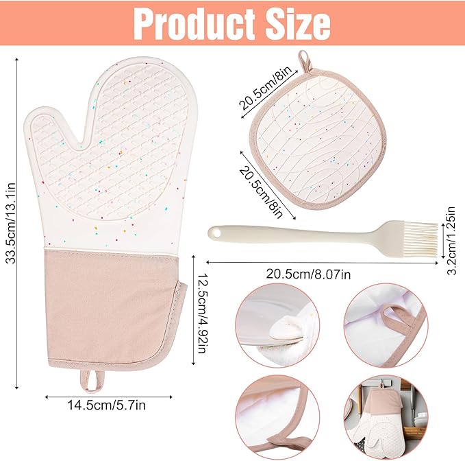7 Pcs Kitchen Oven Mitts and Pot Holders Sets, Silicone Oven Mittens Potholders Heat Resistant 500°F Cotton Lining Non-Slip Cute Mitts with Hook Up & Oil Brush for Kitchens Cooking Baking BBQ (Cream)