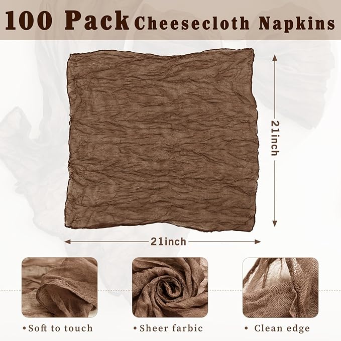 Brown 100 Pack Cheesecloth Napkins Washable 21x21 Inches Brown Cloth Napkins Set of 100 Dinner Table Napkins for Wedding Summer Bridal Baby Shower Rustic Boho Cotton Gauze Party Table Decor