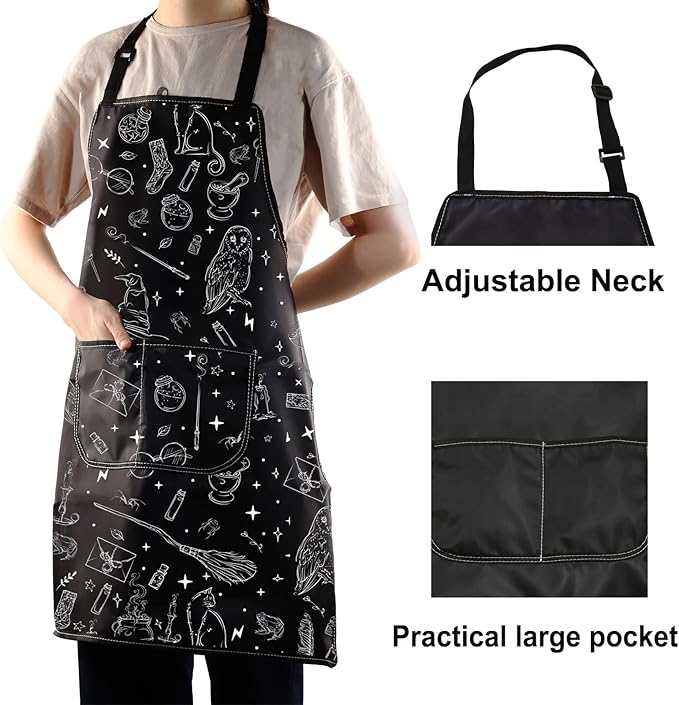 WZMPA Magic Wizard Kitchen Apron With Pockets Spooky Witch Gift Gothic Magic Adjustable Apron For Cooking Baking Grilling