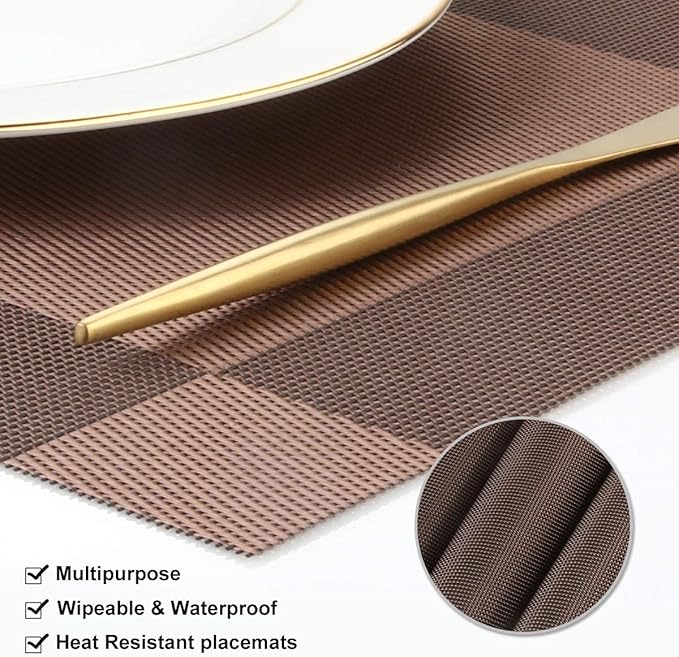 DACHUI Placemats, Heat-Resistant Placemats Stain Resistant Anti-Skid Washable PVC Table Mats Woven Vinyl (8pcs, Brown-Cross)