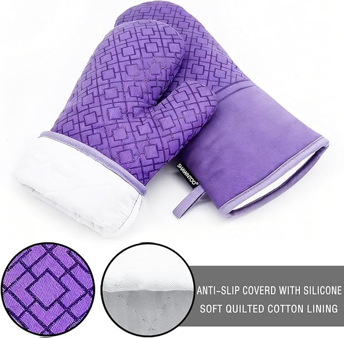 Oven Mitts and Pot Holders Sets 6pcs, Kitchen Oven Glove,High Heat Resistant 550 Degree Extra Long Oven Mitts and Potholders with Non-Slip Silicone Surface for Home Essentials (Grey) (Purple)