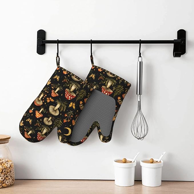 Forest Mushroom Silicone Oven Mitts Set of 2, Heat Resistant up to 500°F, Kitchen Oven Gloves with Non-Slip Grip and Soft Cotton Lining for Baking, Cooking and BBQ