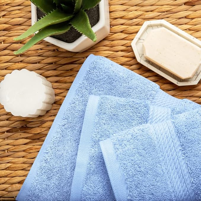 SUPERIOR Egyptian Cotton Pile 3 Piece Towel Set, Includes 1 Bath, 1 Hand, 1 Face Towel/Washcloth, Ultra Soft Luxury Towels, Thick Plush Essentials, Guest Bath, Spa, Hotel Bathroom, Light Blue