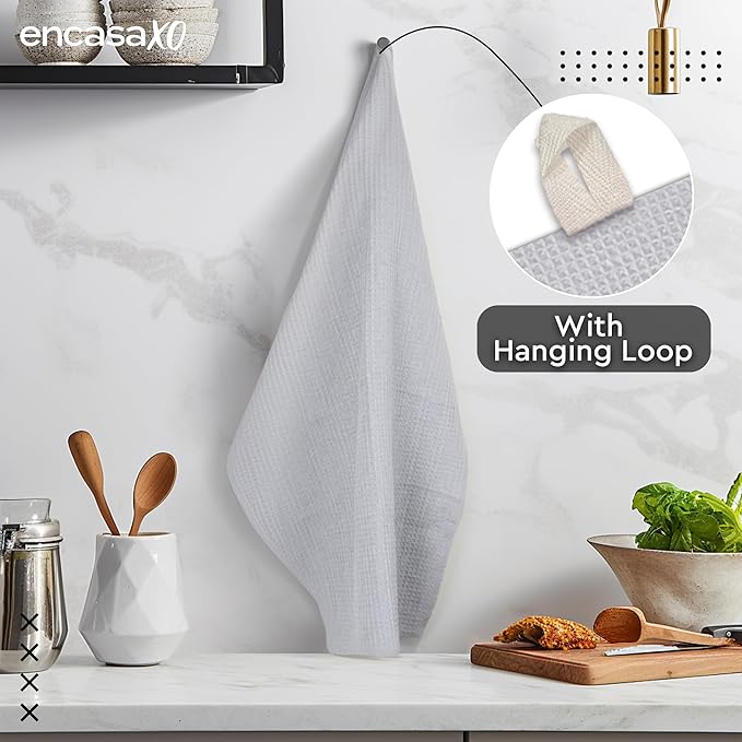 Encasa XO Kitchen Dish Towels Set | Light Grey | Waffle Weave and Flat Hand Tea Towel | 28"x18" | Quick Drying Reusable Cotton Washcloths | Multipurpose Lightweight Dishcloths Set of 4