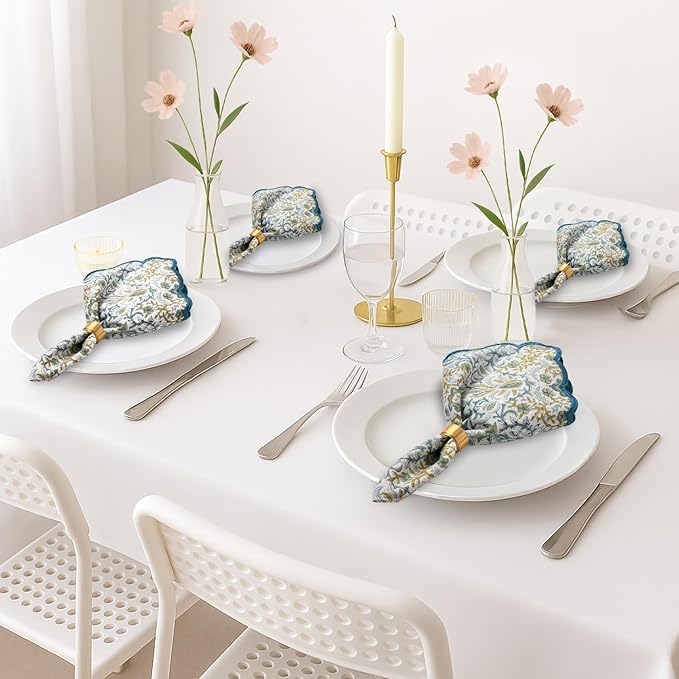 Ridhi Hand Block Print Indigo Floral 18" x 18" (Set of 4) Embroidery Table Napkins Reusable Cotton Dinner Napkins for Weddings, Parties, Everyday Dining Gift for Spring, Easter, Valentine