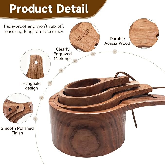 Wooden Measuring Cups and Spoons Set - Eco-Friendly Solid Acacia Wood, Laser Engraved Measurements, Perfect for Baking & Cooking - Ideal for Bakers (4-Pc Acacia Wood Measuring Cups)