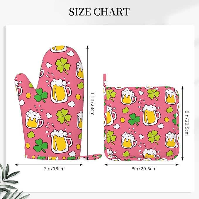 Saint Patrick Celebration Beer Oven Mitts and Pot Holders Sets of 4, Heat Resistant Silicone Oven Mittens and Potholders Gloves Hot Pads for Kitchen Cooking Baking Grilling BBQ Chef