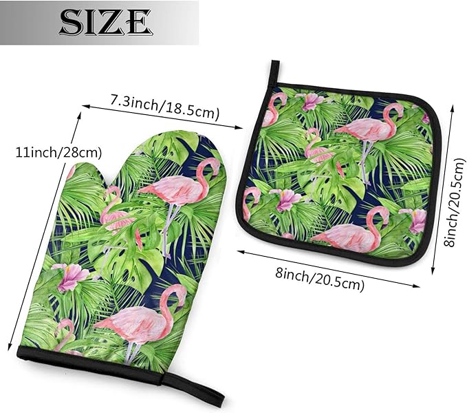 Watercolor Illustration Tropical Leaves Oven Mitts & Pot Holders Sets 2pcs Summer Pink Flamingo Decorative Kitchen Heat Resistant Non-Slip Hot Pad for Cooking Oven Gloves Baking BBQ