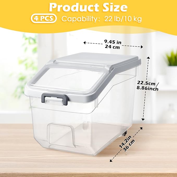 Sunnyray 4 Pcs Rice Storage Container 22 lb Airtight Flour Container with Wheels Measuring Cup Clear Pet Food Cube Dog Cat Birds Food Bin Grain Cereal Organizer Box for Dry Baking Supplies(White Lid)