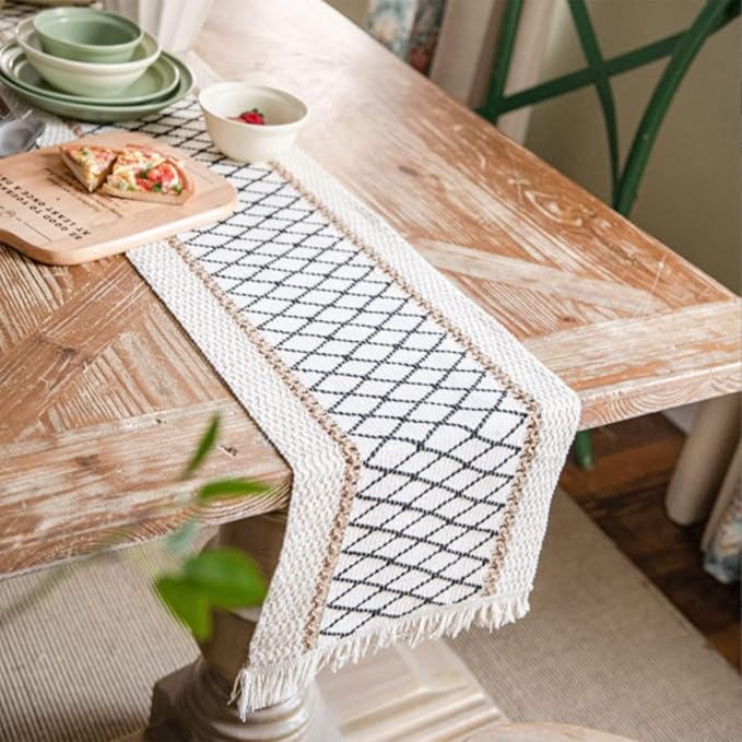 Table Runner, Boho Table Runner Cotton Linen Table Decorations, Farmhouse Table Runners with Tassels for Bohemian Wedding Bridal Shower Rustic Home Dining Table (Black/Grid/12x90)