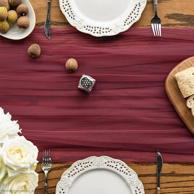 Artoid Mode 6PCS Burgundy Gauze Table Runner 120 Inch 10FT, Seasonal Sheer Kitchen Dining Holiday Wedding Birthday Baby Shower Table Decor for Home Party