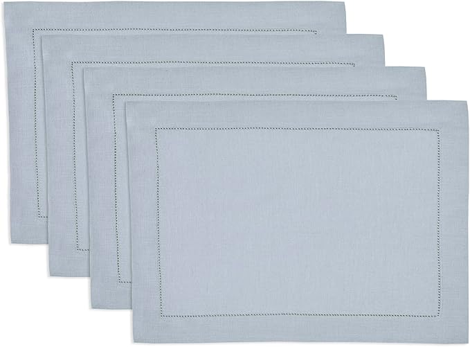 Solino Home Linen Cloth Placemats Set of 4-100% Pure Linen Hemstitch Dusty Blue Placemats 14 x 19 Inch - Classic Hemstitch Table Place Mats for Spring, Summer, Mothers Day