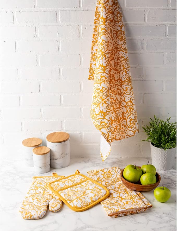 DII Quilted Kitchen Oven Mitt & Potholder Set, Hanging Loop for Convenient Storage, OM 6.5x12/PH 8x8.5, Mustard Damask Print, 2 Piece
