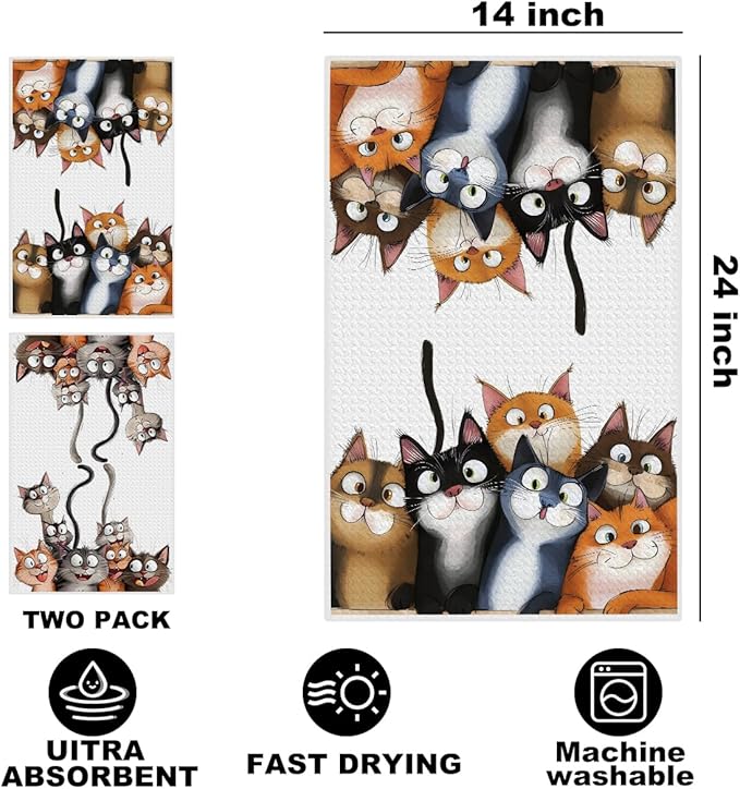 2 Pcs Cute Cat Kitchen Towels, Cats Soft Absorbent Hand Tea Towel, Microfiber Dish Cloths for Drying Dishes, Waffle Dish Towels for Kitchen Home Bathroom Decor, Cat Lover Gifts for Women Mom
