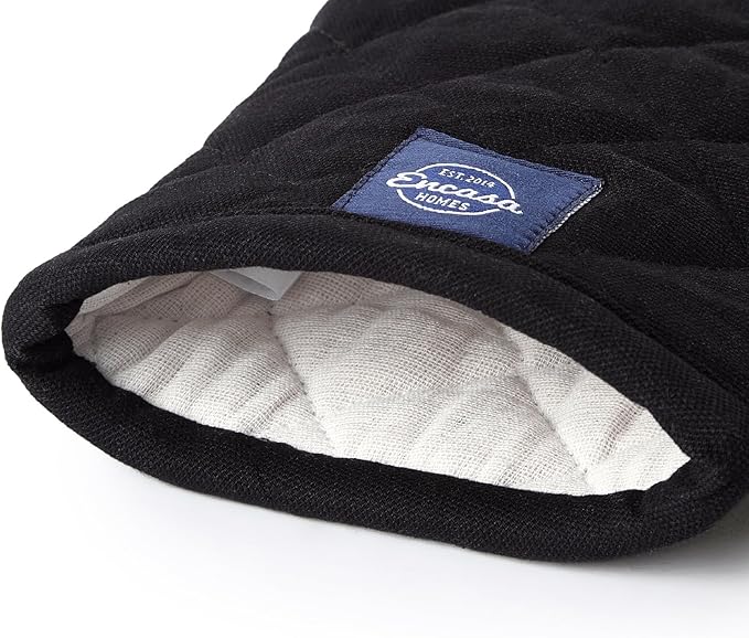 Encasa XO Heat Resistant Cotton Oven Gloves Mitts (2 Pc Set) - Quilted & Safe 12x6.6 in - for Kitchen, Cooking & Baking, Grilling, Handling Hot Pots & Pans - Full Black