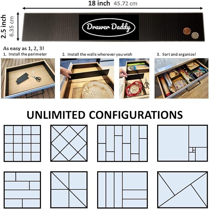 DRAWER DADDY The world’s most customizable grid drawer dividers for the kitchen, bathroom, desk, and more. DIY dividers can be cut to fit small, shallow spaces or adjustable for very large drawers.