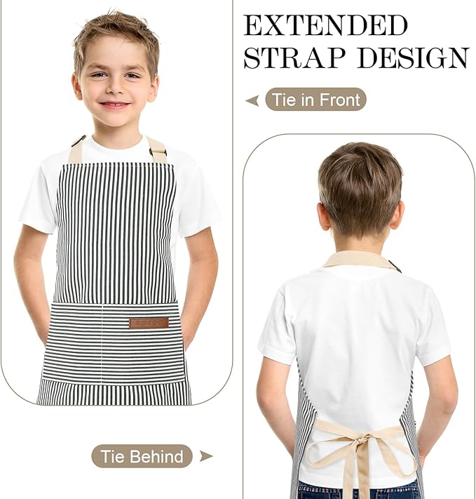 2 Pack Stripes Kids Apron, Kids Cooking Aprons with 2 Pockets, Cute Aprons for Cooking for Boys and Girls