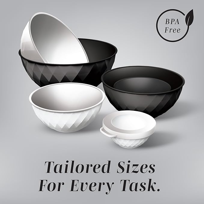 COOK WITH COLOR Mixing Bowls with Lids - 12 Piece Plastic Nesting Bowls Set includes 6 Prep Bowls and 6 Lids, Microwave Safe Mixing Bowl Set, Black and White Diamond