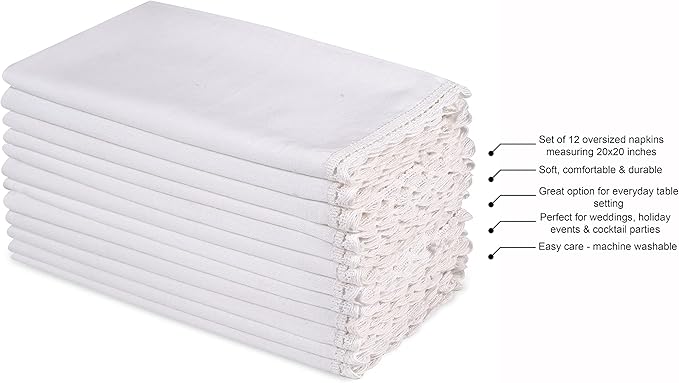 Hausattire Cloth Napkins 12 Pack 20x20 Inches Flax Cotton Washable and Reusable Table Dinner Napkins with Lace for Easter Basket Decor and Parties| Highly Absorbent Cloth Napkins|White