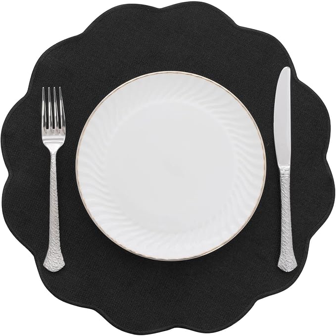 SHACOS Scalloped Round Placemats Set of 6 Polyester Linen Blend 15 inch Washable Non Slip Place Mats Easy Clean Heat Resistant Table Mats for Kitchen Dining Table Decor, Black