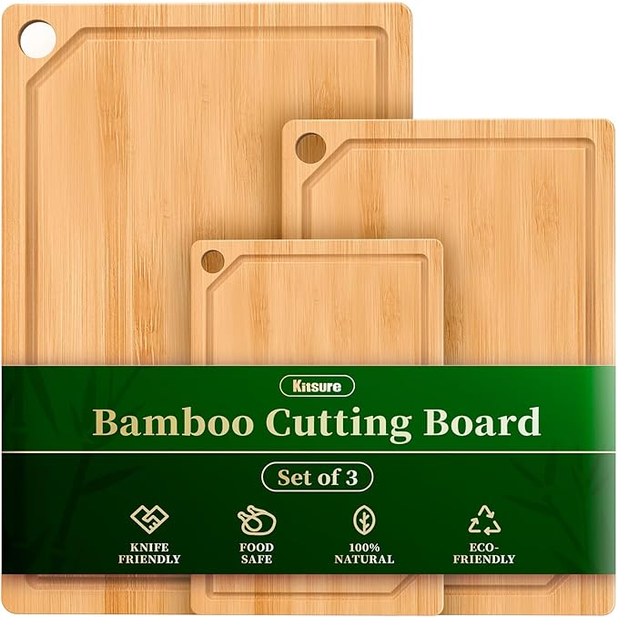 Kitchen Cutting Board Set - 3-Piece Wooden Cutting Boards for Kitchen with Juice Groove, Handles, Hang Holes, Stylish Kitchen Essentials for Chpping & Serving, Natural, 0.6"Th - (L+M+S)