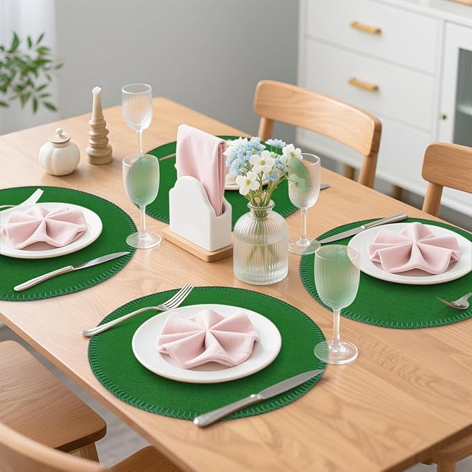 Round Placemats Set of 6, 15 Inch Linen Fabric Table Placemats, Heat Resistant, Wrinkle Free Washable Placemats Kitchen Place Mats Set of 6 for Dining Table Party Table (Green, 6)