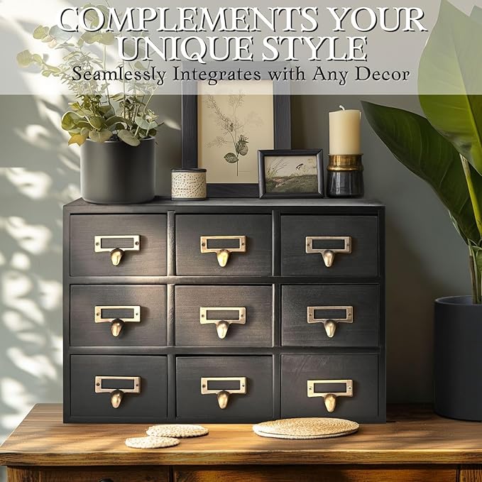 Flexzion Apothecary Cabinet with Drawers - 9 Vintage Apothecary Drawers Desktop Organizer for Home & Office - Wooden Tabletop Library Card Catalog Cabinet Storage for Jewelry, Makeup & Tools, Black