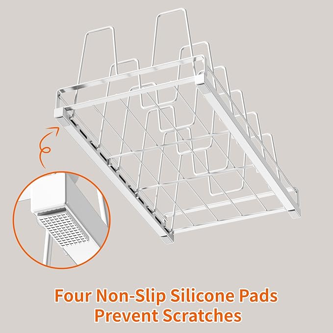 Food Container Lid Organizer, 6 Removable Adjustable Dividers Metal Rack - Storage for Plastic Lids, Pots, Bakeware, Fit for Cabinets, Cupboards, Pantry, Drawers (White)