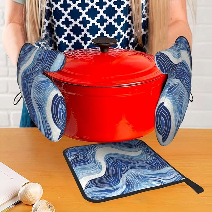Blue and White Ocean Wave Oven Mitts and Pot Holders Sets of 3, Heat Resistant Non-Slip Washable Coastal Blue White Kitchen Gloves Hot Pads Gift for Baking Cooking Grilling Enthusiasts, Kitchen Decor