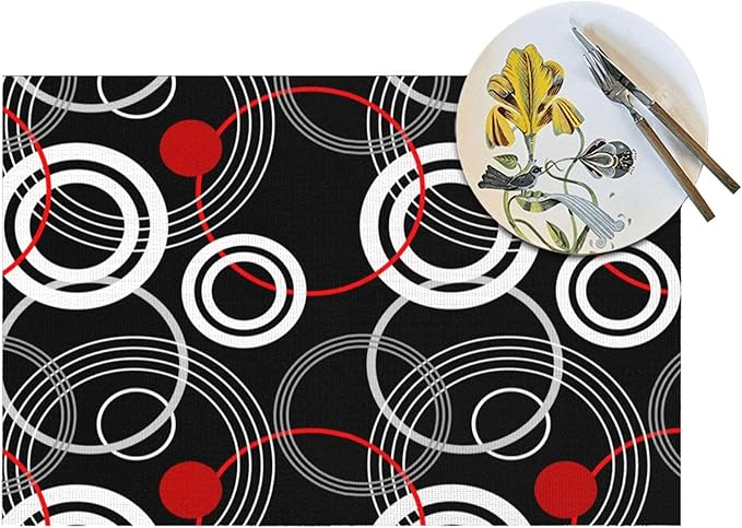 Black Red Placemats Set of 4, Geometric Linen Dining Table Mat, Washable Heat Resistant Place Mats for Kitchen Dining Holiday Party Home Decor