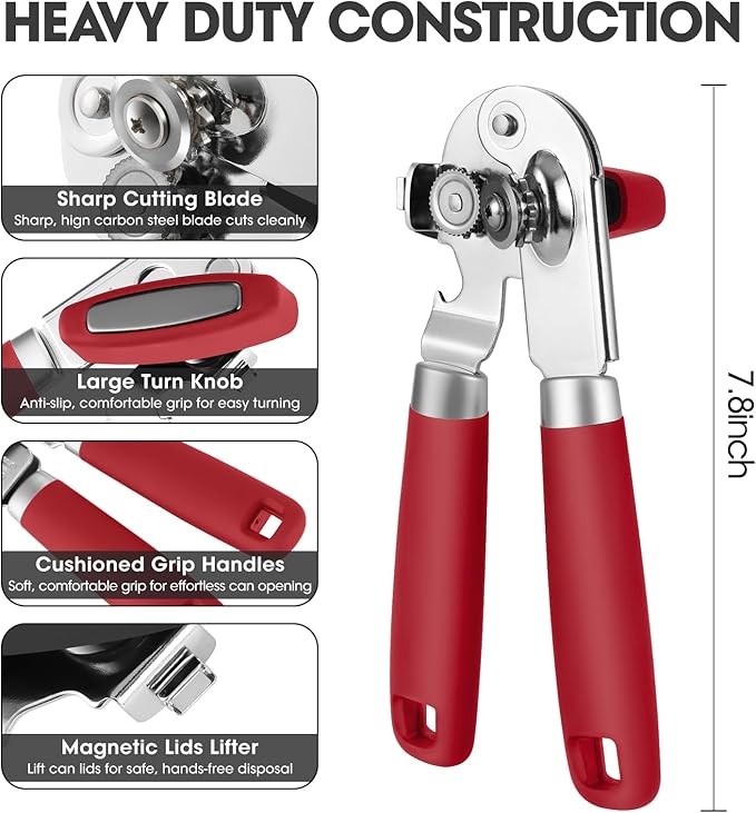 Manual Can Opener, UHIYEE Handheld Can Opener Heavy Duty with High Carbon Sharp Blade, Ease Can Open for Seniors with Comfort Grip Handles, Oversized Turn Knob, Red