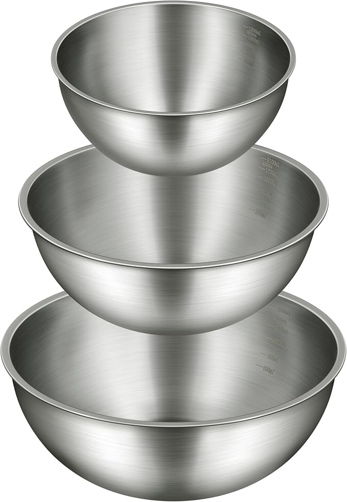 Gronivex Stainless Steel Mixing Bowls Set, Food Grade 304, Dishwasher Safe & Stackable for Baking, Tossing Salads, and Meal Prep for Your Kitchen (3 pack-1.45,2.22,3.38qt, no lid)