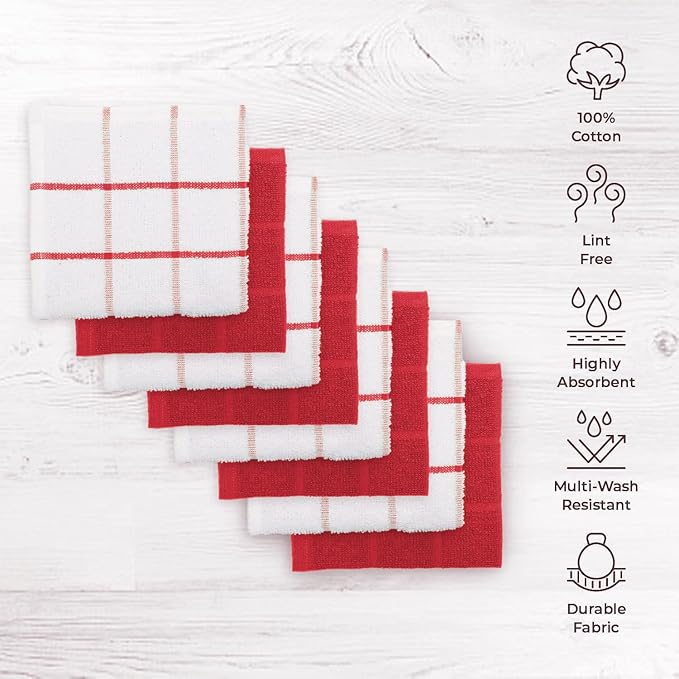 100% Cotton Terry Dish Cloth & Dish Towel, 8 Pack, Super Soft and Absorbent Kitchen Towels, Perfect for Kitchen Cleaning and Dish Washing (RED (Solid and Checks) 8 Pack)