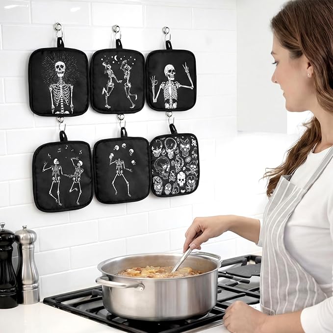 Bencailor 12 Pcs Pot Holders with Pocket Kitchen Hot Potholders Hot Pad Oven Mitts Cookie Bag Oven Gloves for Kitchen Gift Baking Cooking (Black,Skull 2)