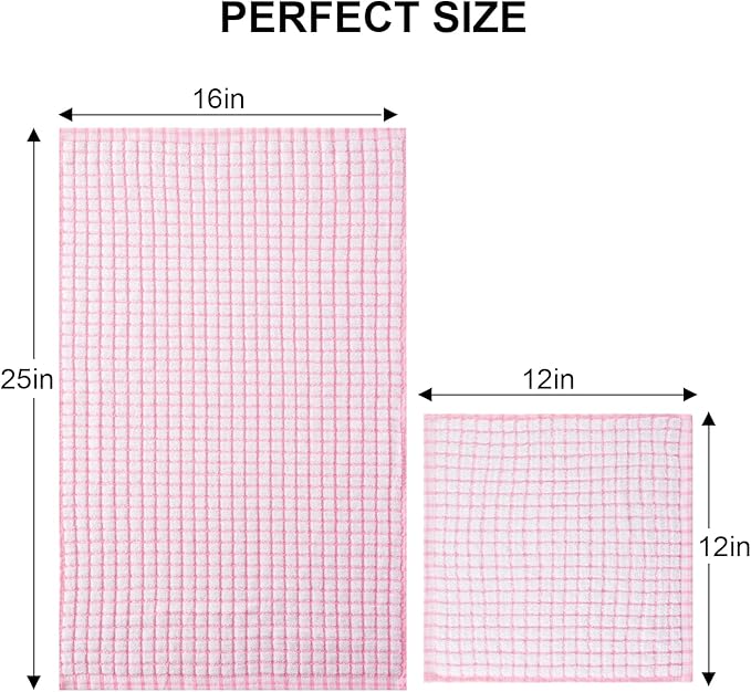 Kitinjoy Cotton 16 Pack Kitchen Towels and Dishcloths Sets, 16 x 25 Inch & 12 X 12 Inch Dish Towels Bulk, Super Soft and Absorbent Hand Towels for Kitchen Drying, Pink
