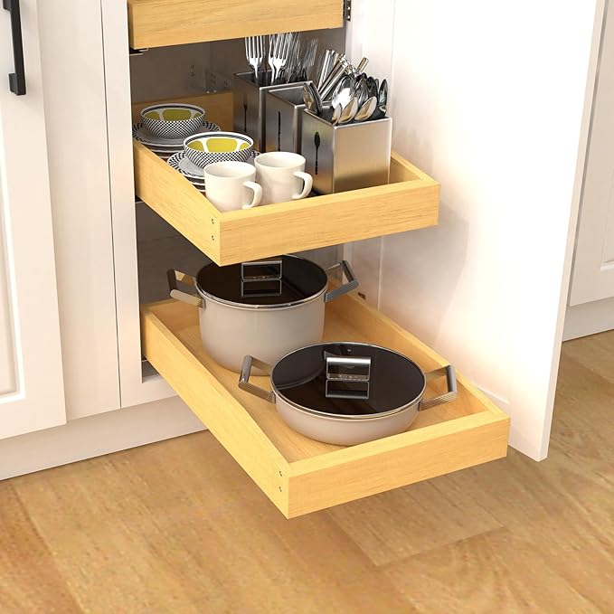 Wooden Pull out Cabinet Organizer 21" W x 21" D x 4.3" H, Heavy Duty Slide Out Drawers Pull-Out Home Organizers for Kitchen Cabinets