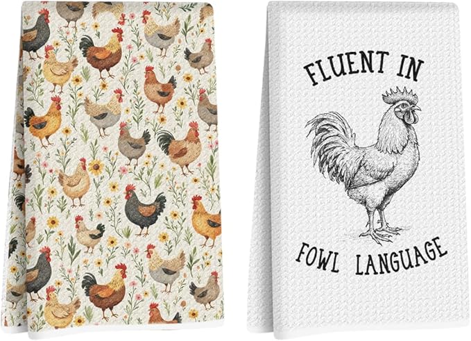 2 Pcs Funny Chicken Kitchen Towels, Absorbent Soft Microfiber Towel for Bathroom Kitchen, Dish Towels Tea Towel, Dish Cloths for Washing Dishes, Chicken Farmhouse Gifts for Women Friend