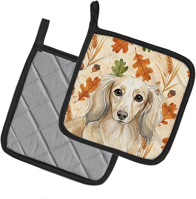 Caroline's Treasures Longhaired Cream Dachshund Heirloom Fall Pair of Pot Holders Pair 7.5x7.5 Quilted Insulated Hot Pads Decorative Kitchen Gift Made in USA
