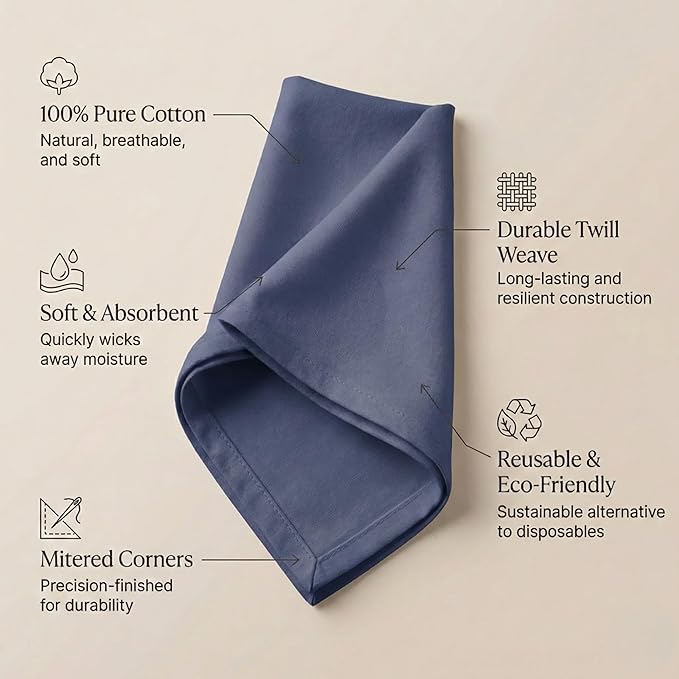 Accent Home 100% Cotton Napkins, Delicate Cloth Napkins for Dinners, Parties and Weddings，18 x 18 Inch Set of 6 - Navy