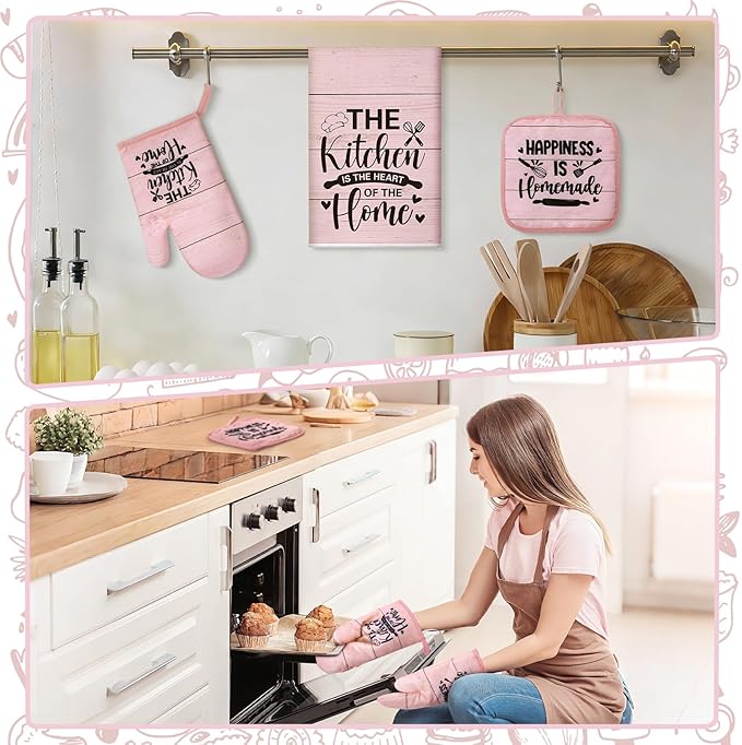 Fourluoo 8 Pcs Pink Kitchen Towels and Dishcloths Sets Oven Mitts and Pot Holders Sets Absorbent Kitchen Gloves Potholders Heat Resistant for Chef Baking Cooking