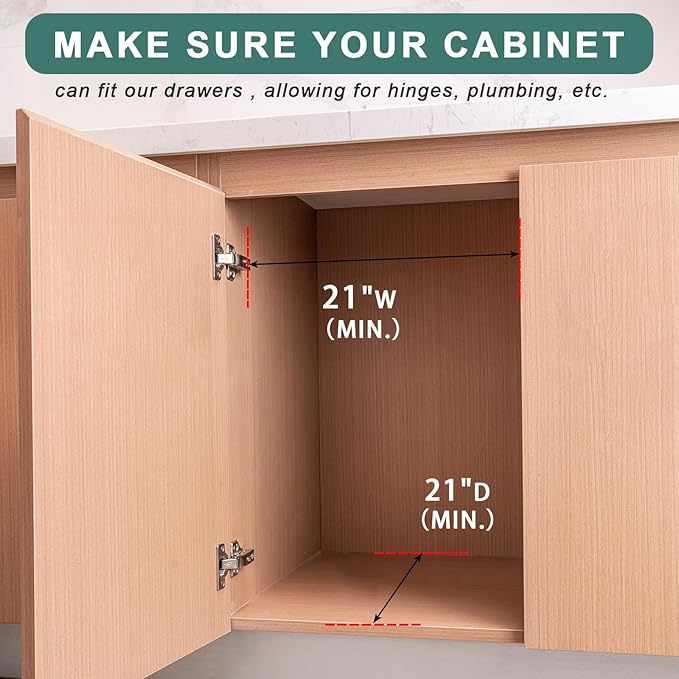 Fully Assembled Pull Out Cabinet Drawer, Wood Pull Out Cabinet Organizer, Soft Close Slide Out Pull Out Drawers for Kitchen Cabinets, Fast and Easy DIY Installation, 21”W x 21”D