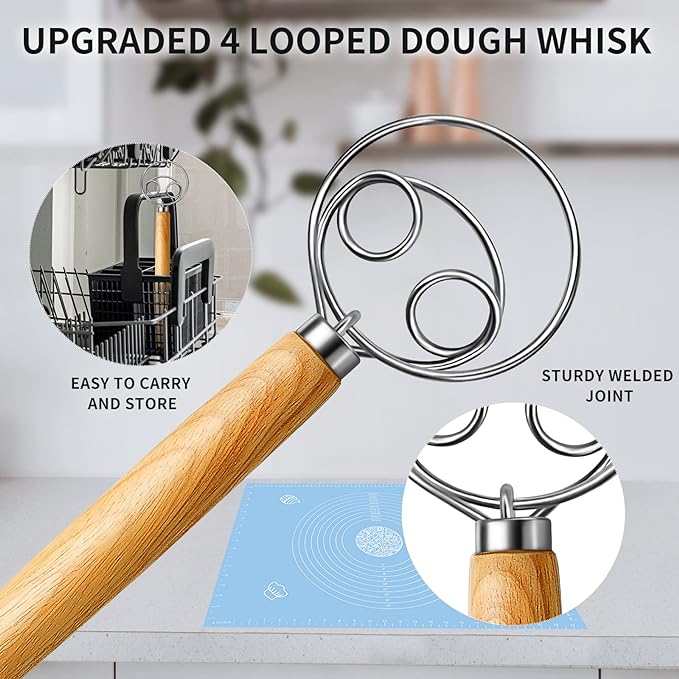 TEEVEA Danish Dough Whisk Stainless Steel Wooden Handle for Sourdough Pizza Bread Baking