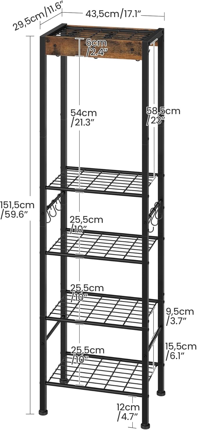 CHOEZON 5-Tier Pot Rack, Floorstanding Pots and Pans Organizer, Kitchen Bakers Rack, Kitchen Island Table, Pots and Pans Organizer, Storage Stand, for Living Room, Rustic Brown and Black TPR16BF