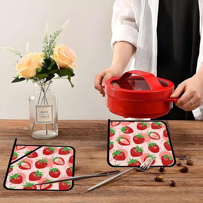 Cute Pink Cartoon Strawberry Pot Holders 2 PCS,Kitchen Heat Resistant Hot Pads for Cooking Grilling Baking BBQ, Pot Holders for Women Cook Home Microwave