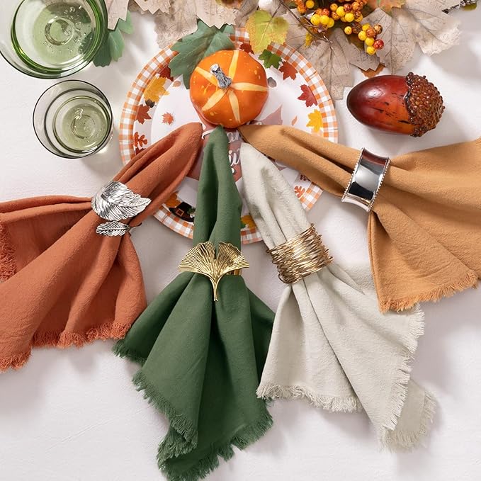 DeZerlor 12 Pack Thanksgiving Color Cotton Linen Napkins with Fringe Fall Napkins Cloth Set of 12 Boho Napkins Handmade Dinner Napkins Bulk for Wedding Thanksgiving Dining Table, 17 x 17
