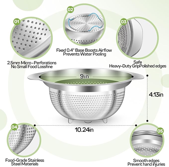 QCQHDU Stainless Steel Colander for Kitchen Pasta Rice Strainer for Spaghetti Fruit Vegetables Cooking Food, 3 Quarts Metal Mesh Stainless Steel Strainers and Colanders, Dishwasher Safe, 1 Pack
