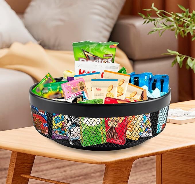 Snack Organizer for Countertop, Metal Turntable Organizer with Divider, 4 Compartment Snack Storage Spinning Snack Tray, Lazy Susan Snack Spinner for Snack Bar Organizer Pantry Storage-Black