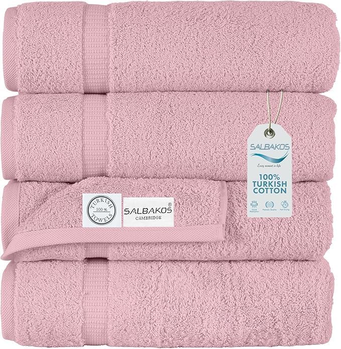 SALBAKOS 100% Turkish Cotton Bath Towel Set of 4 27x54 inch | Heirloom Quality | Hotel & Spa Collection | Ultra Soft, Super Absorbent, Long Lasting Bath Towels | Made in Turkey (Rose, 4 Bath Towels)